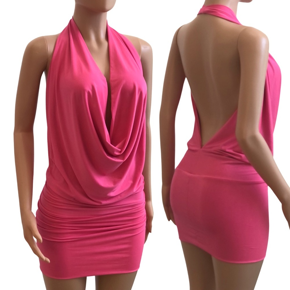 Neon Pink Backless Halter Dress - HandMade In USA